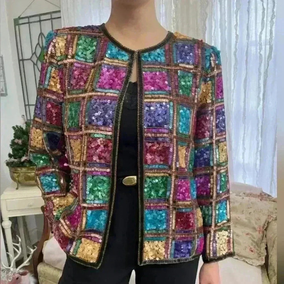 Vintage 1980's Laurence Kazar Rainbow Sequin Silk Jacket Size Petite LG Women's - Picture 1 of 16